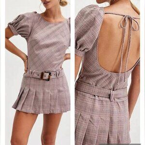NEW Free People Sevi drop waist belted plaid mini pleated skirt dress